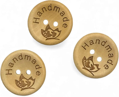 Handmade Natural Wooden Buttons, 25mm Diameter, Decorative Engraved Design, 10 Pack