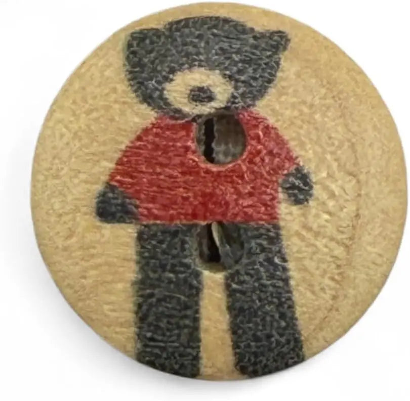 Wooden Teddy Bear Buttons, Black and Red, 15mm, 2-Hole Design, Pack of 10