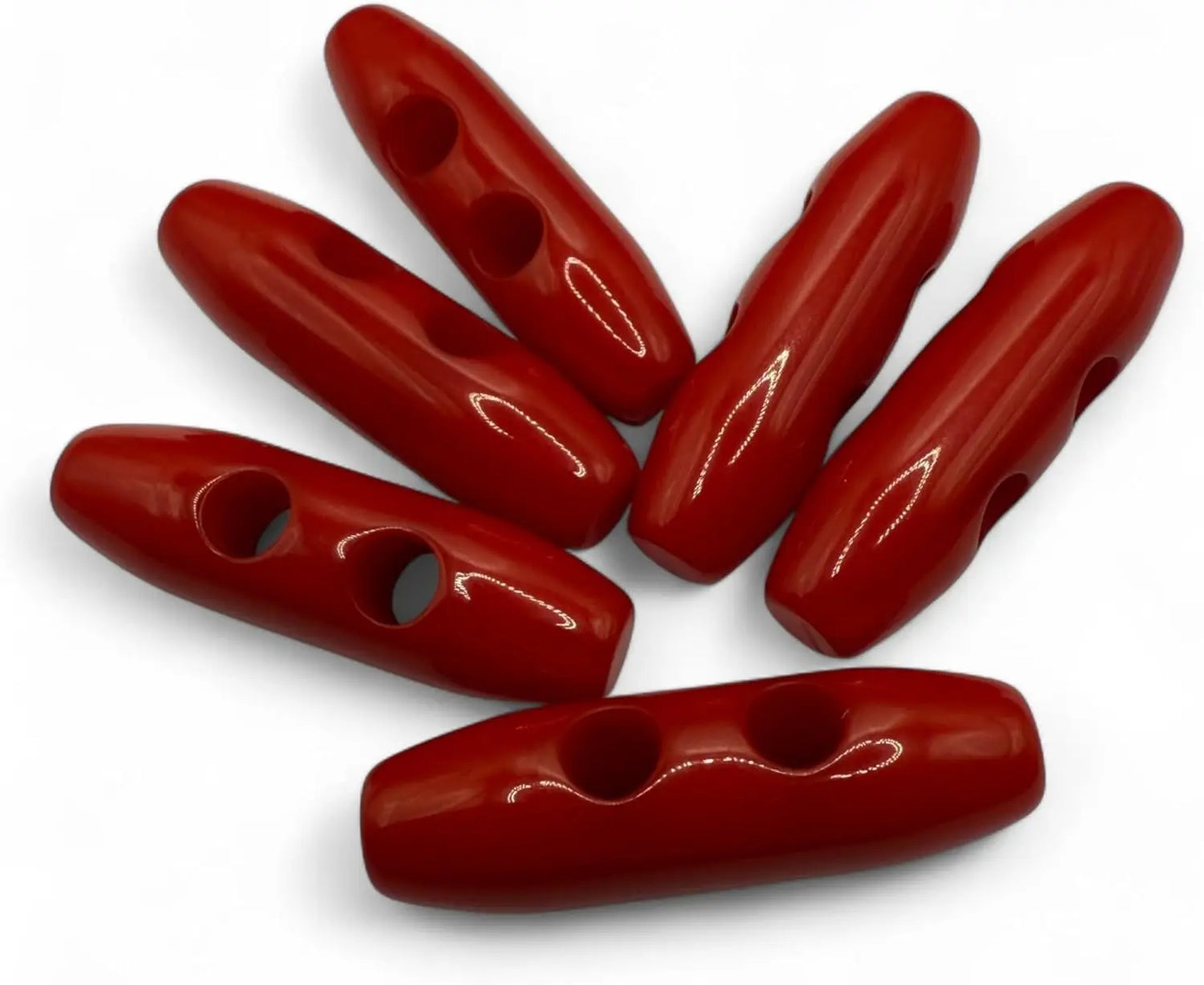 Plastic Toggle Buttons, Red, 38mm 2-Hole Design, Pack of 6