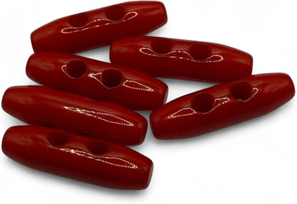 Plastic Toggle Buttons, Red, 38mm 2-Hole Design, Pack of 6