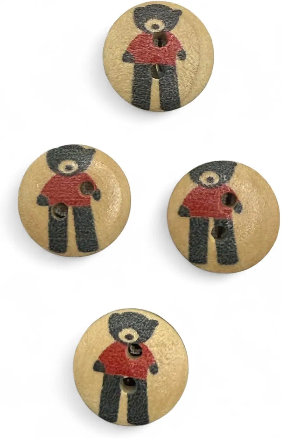 Wooden Teddy Bear Buttons, Black and Red, 15mm, 2-Hole Design, Pack of 10