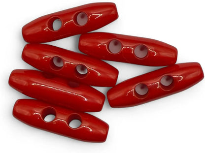Plastic Toggle Buttons, Red, 38mm 2-Hole Design, Pack of 6