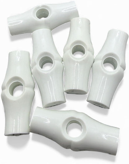 White Solid Toggles, Bamboo Shape with Centre Hole, Plastic, 37mm, Pack of 6