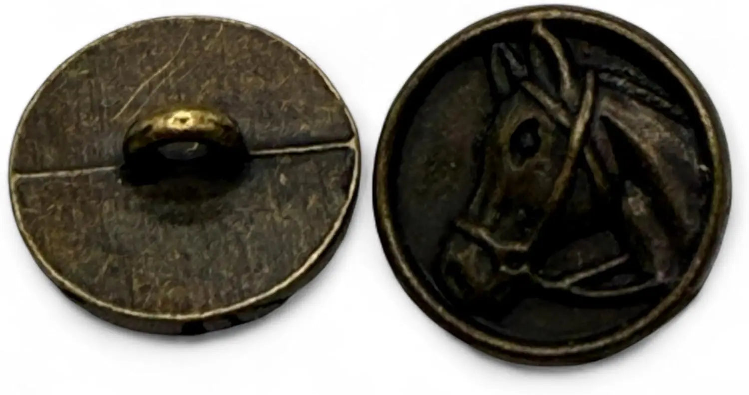 Horse Head Carved Zinc Alloy Shank Buttons, 15mm, Pack of 6, Metal Button Collection