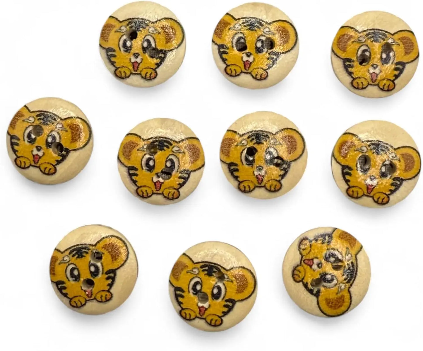 Decorative Tiger Cartoon Buttons, 15mm, 2-Hole Design, Pack of 10, Children's Craft Supplies
