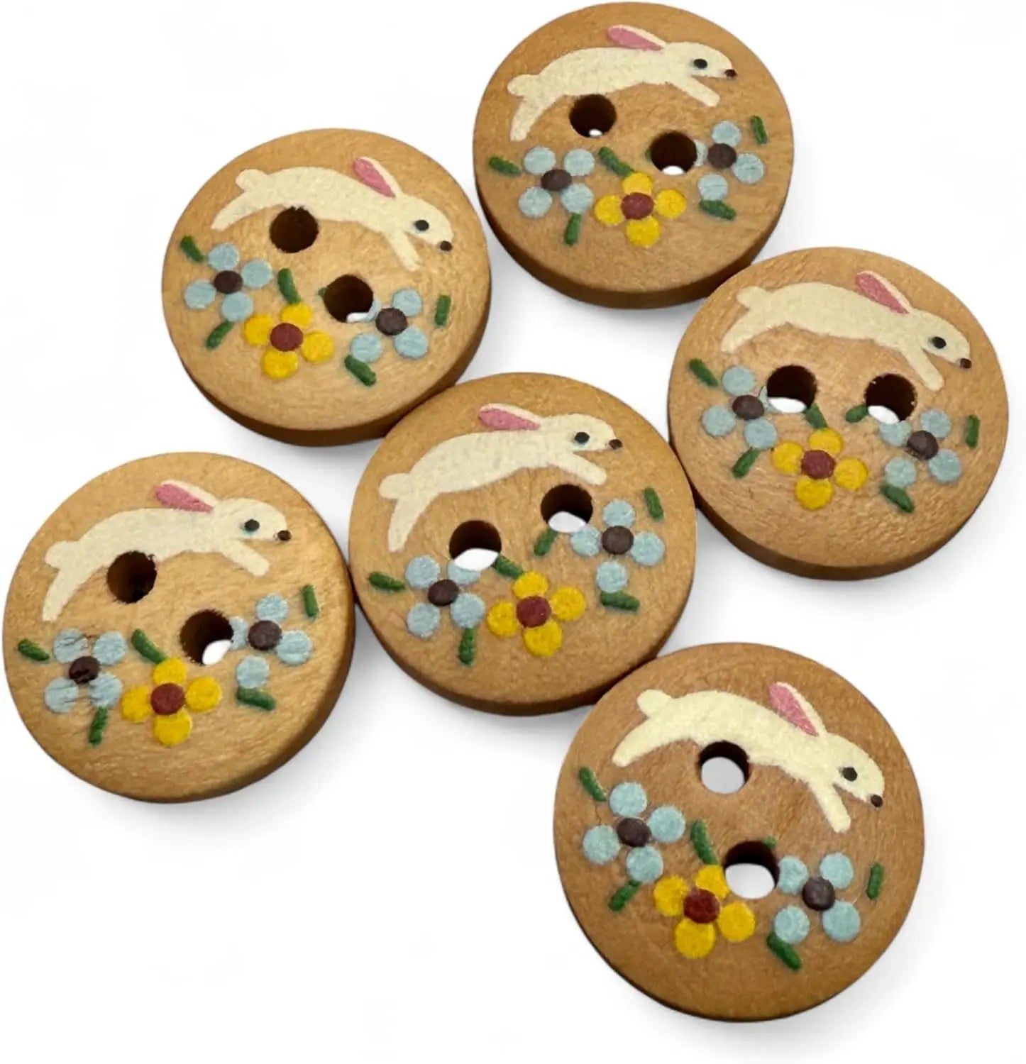 Wooden Rabbit Design Buttons, 15mm Natural Color, Children's Craft Pack, 10 Pieces