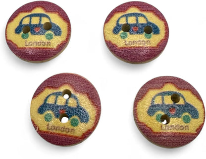Wooden London Taxi Buttons, 15mm Natural Color, Pack of 10, Children's Theme