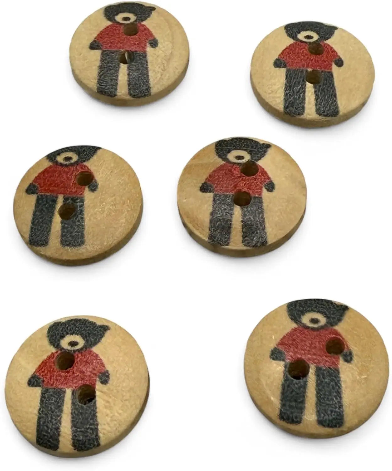 Wooden Teddy Bear Buttons, Black and Red, 15mm, 2-Hole Design, Pack of 10