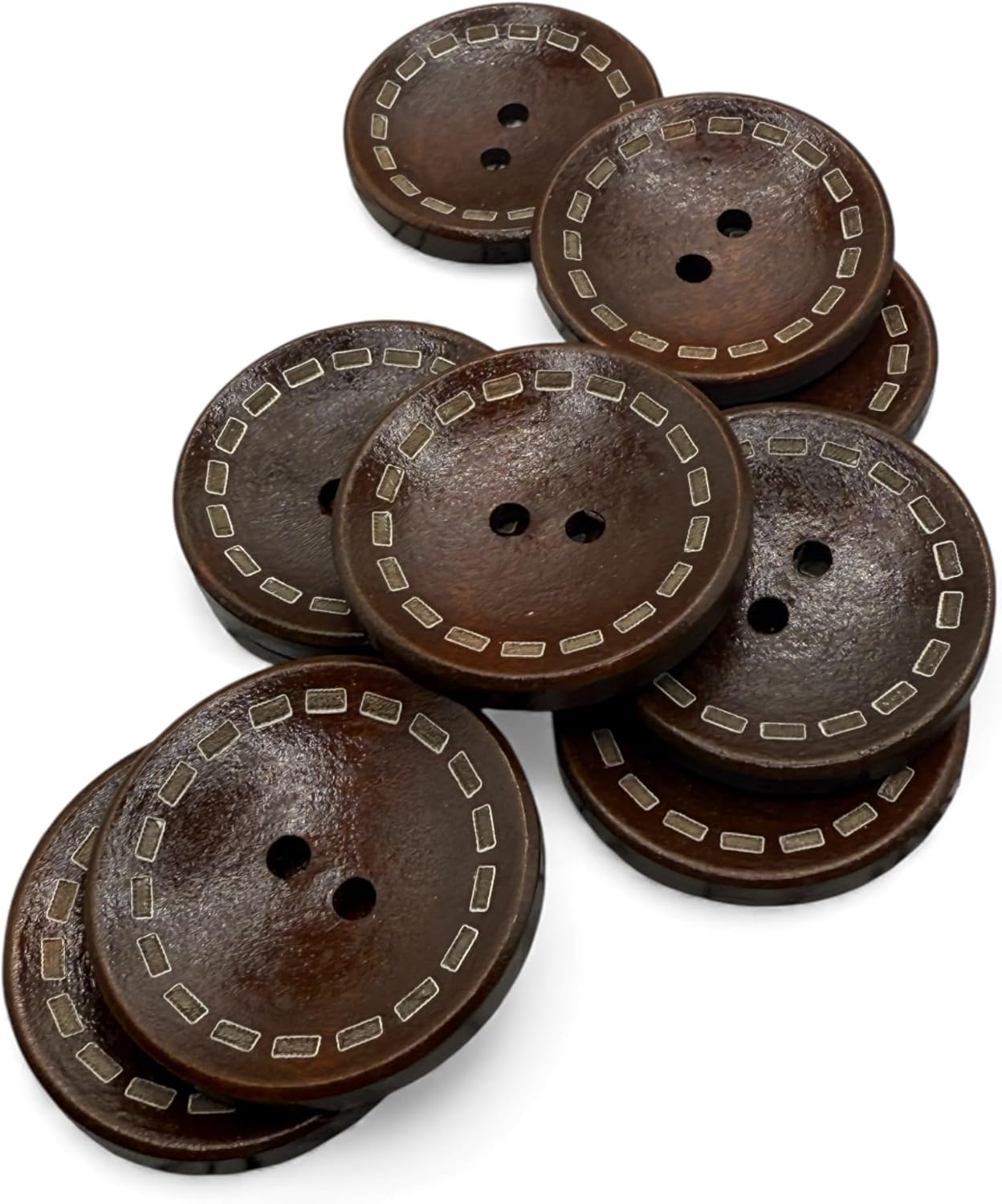 Wooden Buttons with Outer Stitch Mark, Brown, 30mm, Round, Pack of 10