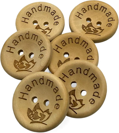 Handmade Natural Wooden Buttons, 25mm Diameter, Decorative Engraved Design, 10 Pack