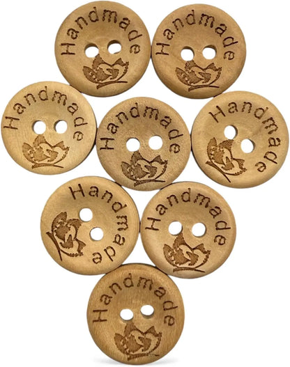 Handmade Wooden Buttons, Natural Engraved Design, 15mm Diameter, Pack of 10