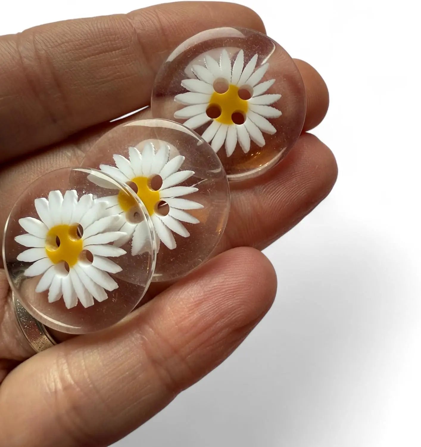 Clear Resin Daisy Flower Shaped Buttons, 25mm, 4 Hole, for Sewing, Knitting, Jewellery Making, Craft Projects, Home Décor Pack of 10