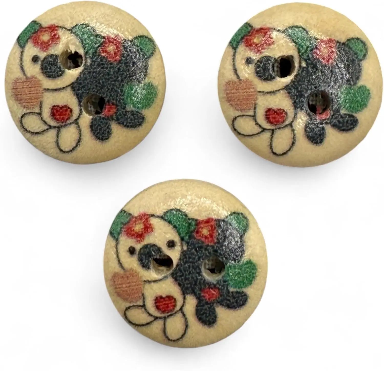 Natural Wooden Button Set, 15mm, 2-Hole Design, Teddy Bear Theme, Pack of 10, Children's Craft Supplies