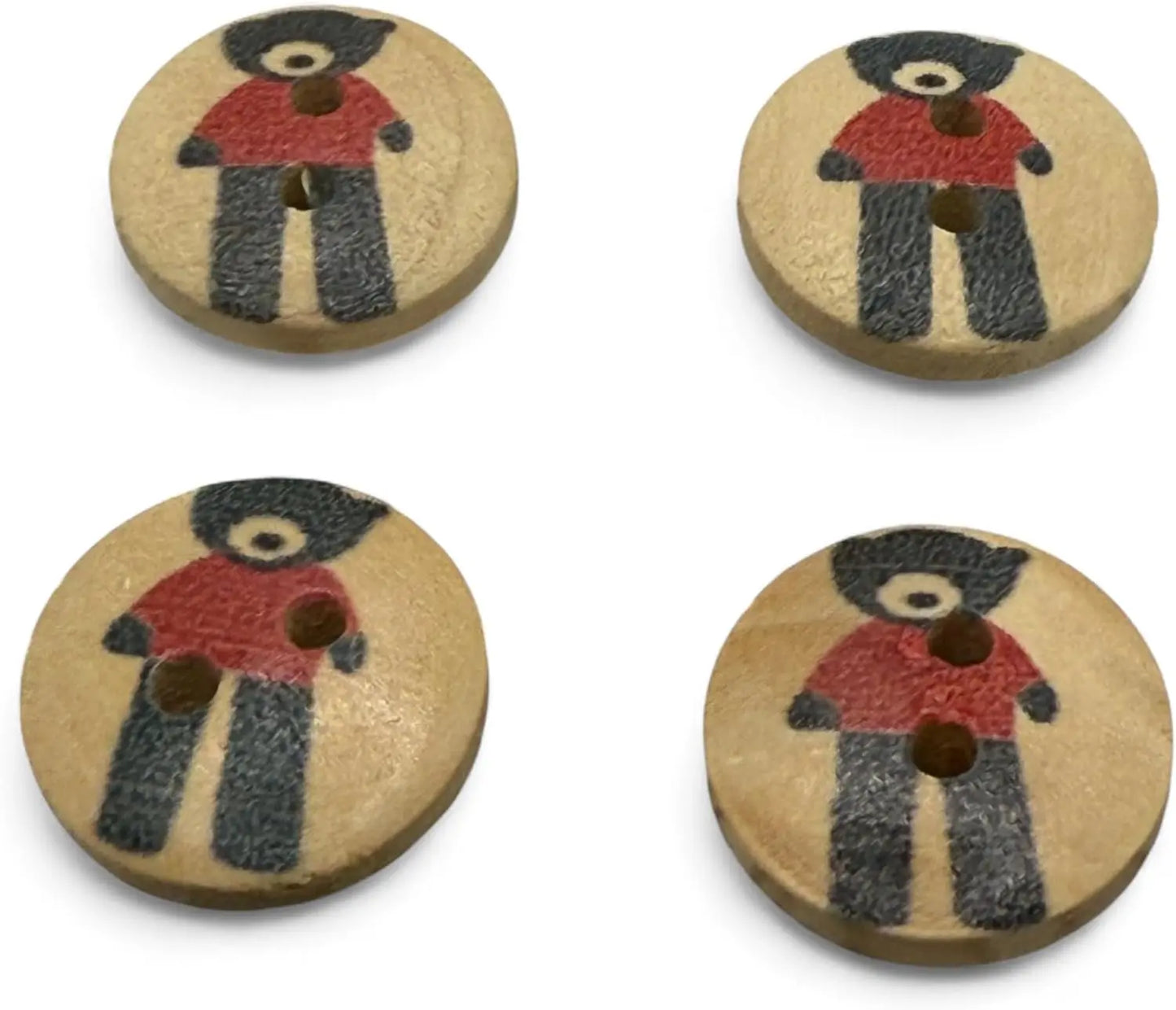 Wooden Teddy Bear Buttons, Black and Red, 15mm, 2-Hole Design, Pack of 10
