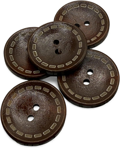 Wooden Buttons with Outer Stitch Mark, Brown, 30mm, Round, Pack of 10