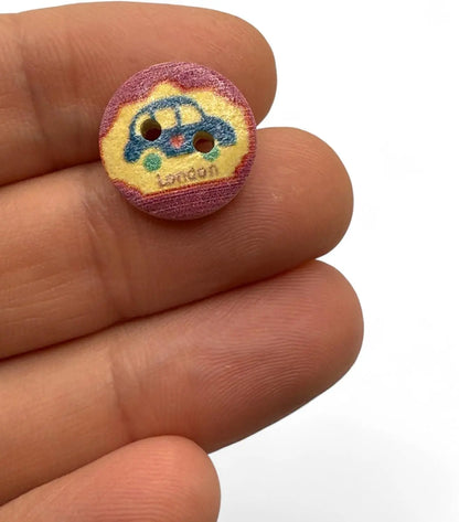 Wooden London Taxi Buttons, 15mm Natural Color, Pack of 10, Children's Theme