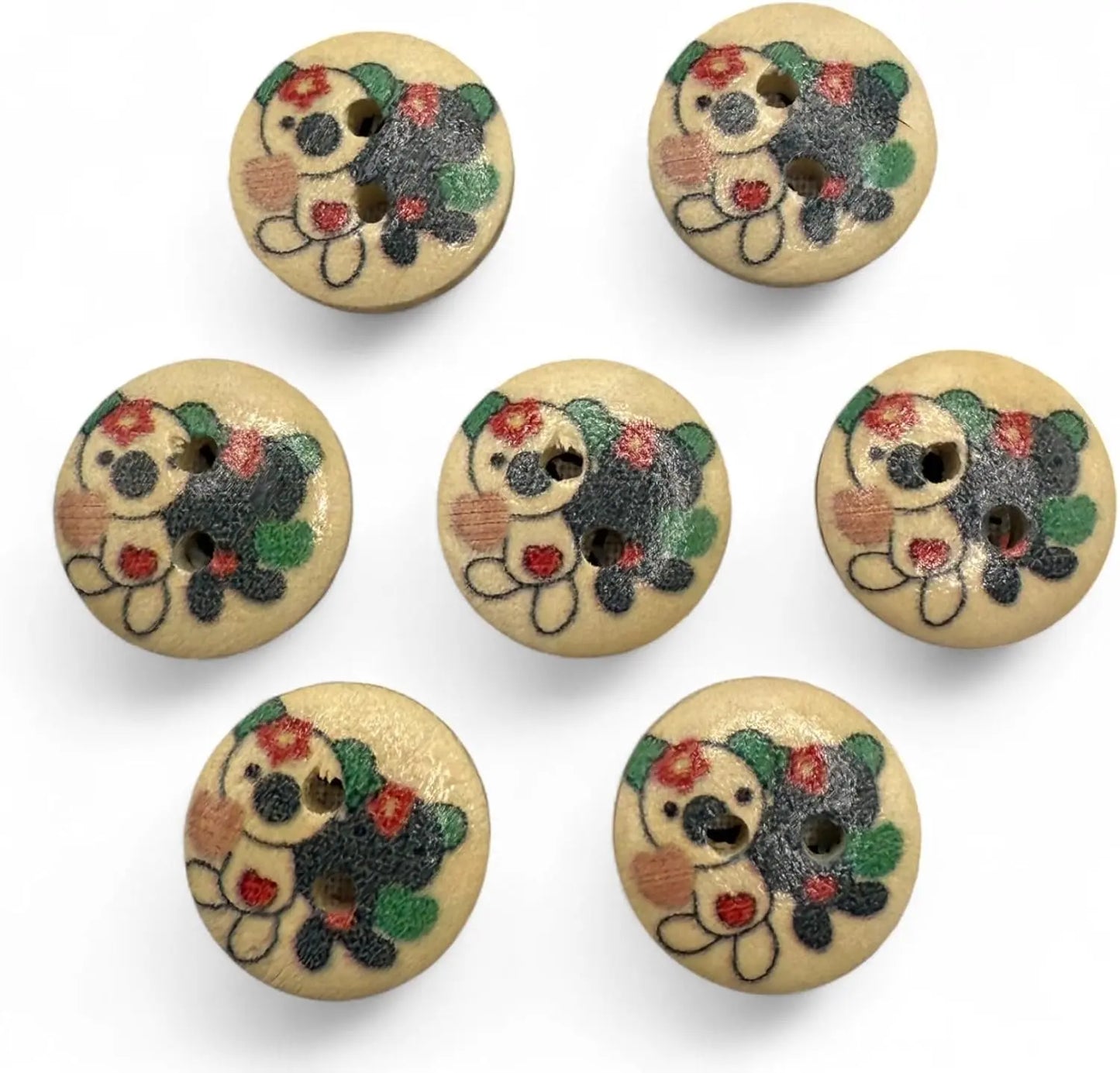Natural Wooden Button Set, 15mm, 2-Hole Design, Teddy Bear Theme, Pack of 10, Children's Craft Supplies