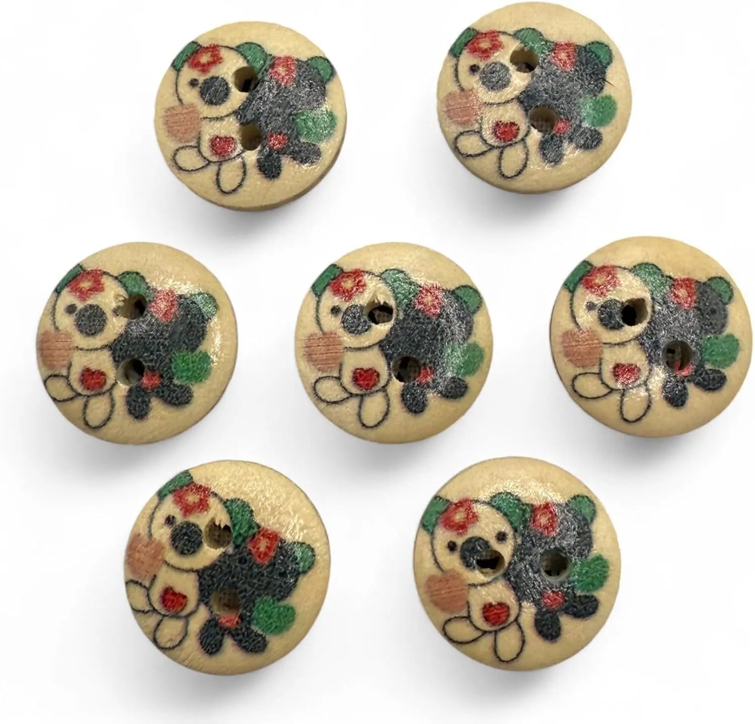 Natural Wooden Button Set, 15mm, 2-Hole Design, Teddy Bear Theme, Pack of 10, Children's Craft Supplies