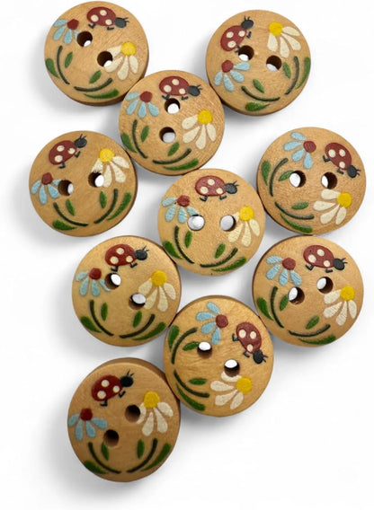 Natural Wooden Buttons, 15mm Round Ladybug Design, 2-Hole, Hand-Painted for Children's Crafts and Clothing, Pack of 10