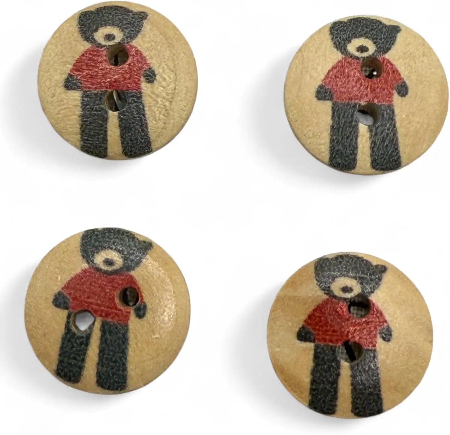 Wooden Teddy Bear Buttons, Black and Red, 15mm, 2-Hole Design, Pack of 10