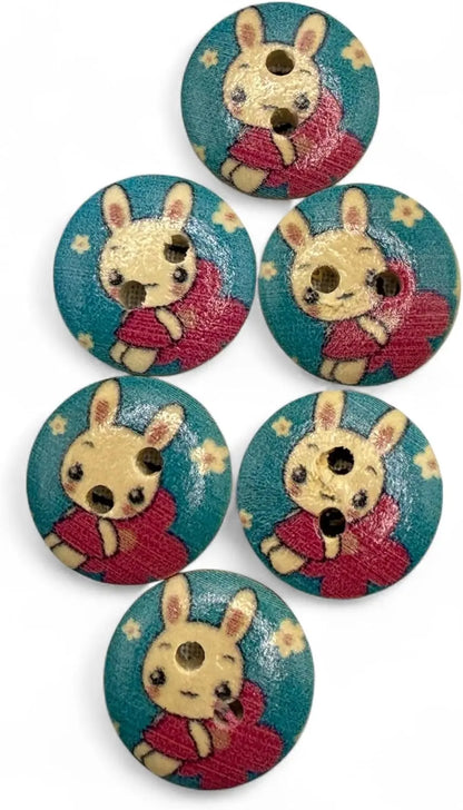 Children's Bunny Rabbit Buttons, Red and Blue, 15mm, 2-Hole Design, Pack of 10