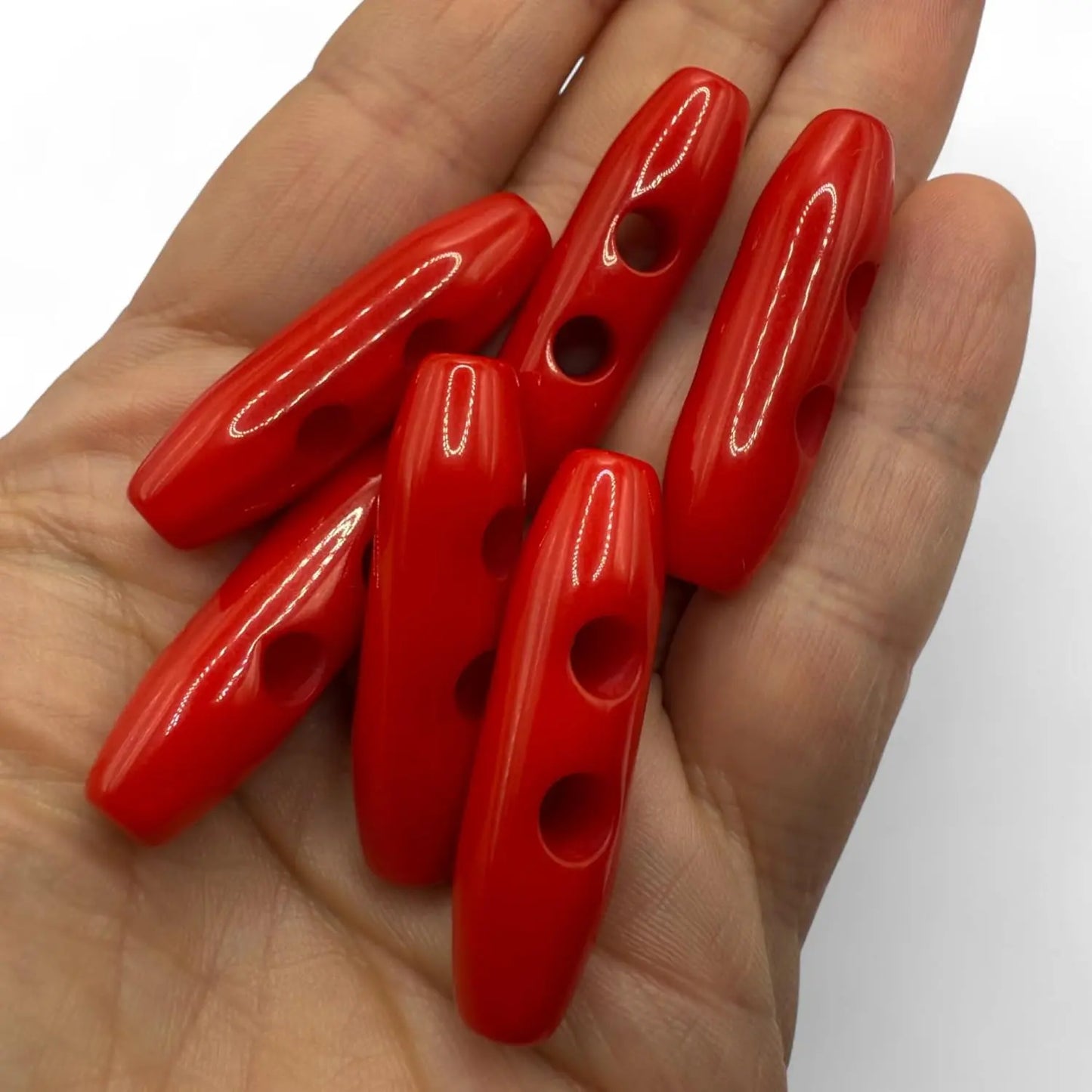 Plastic Toggle Buttons, Red, 38mm 2-Hole Design, Pack of 6