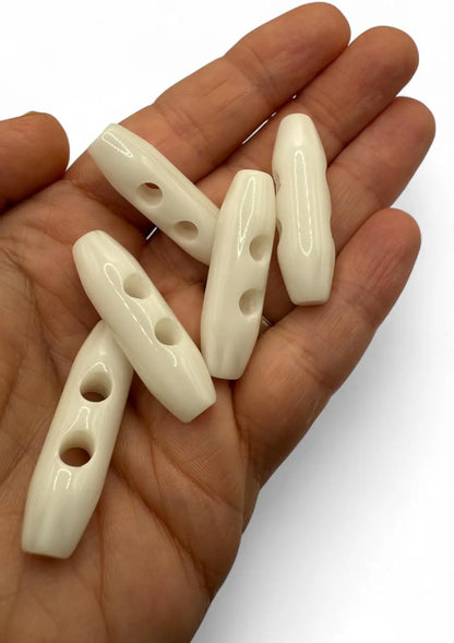 Plastic Toggle Buttons, 38mm, 2 Hole, White, Pack of 6