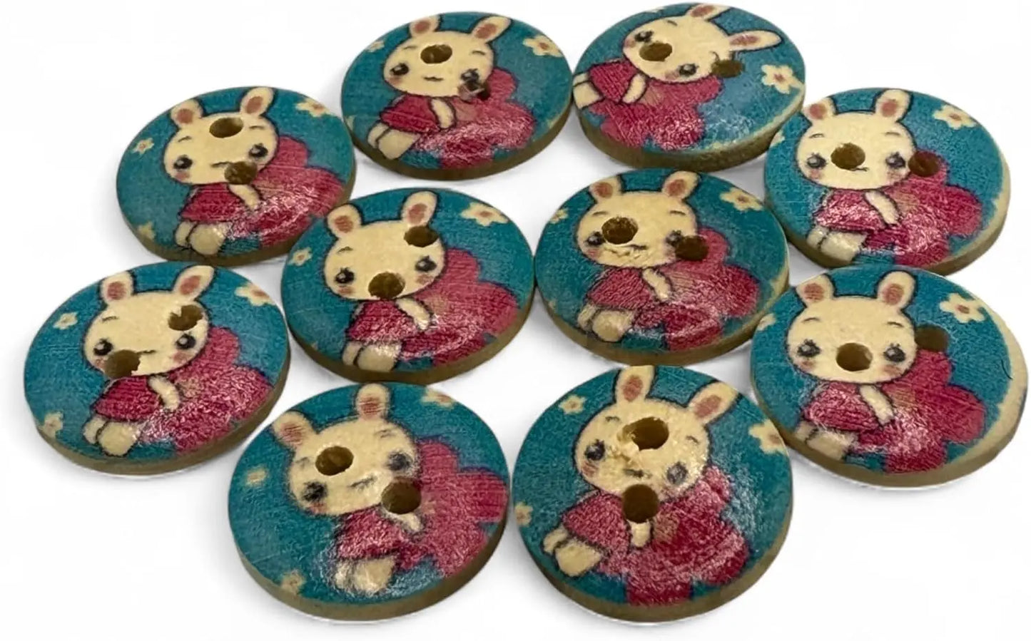 Children's Bunny Rabbit Buttons, Red and Blue, 15mm, 2-Hole Design, Pack of 10