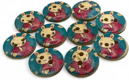 Children's Bunny Rabbit Buttons, Red and Blue, 15mm, 2-Hole Design, Pack of 10