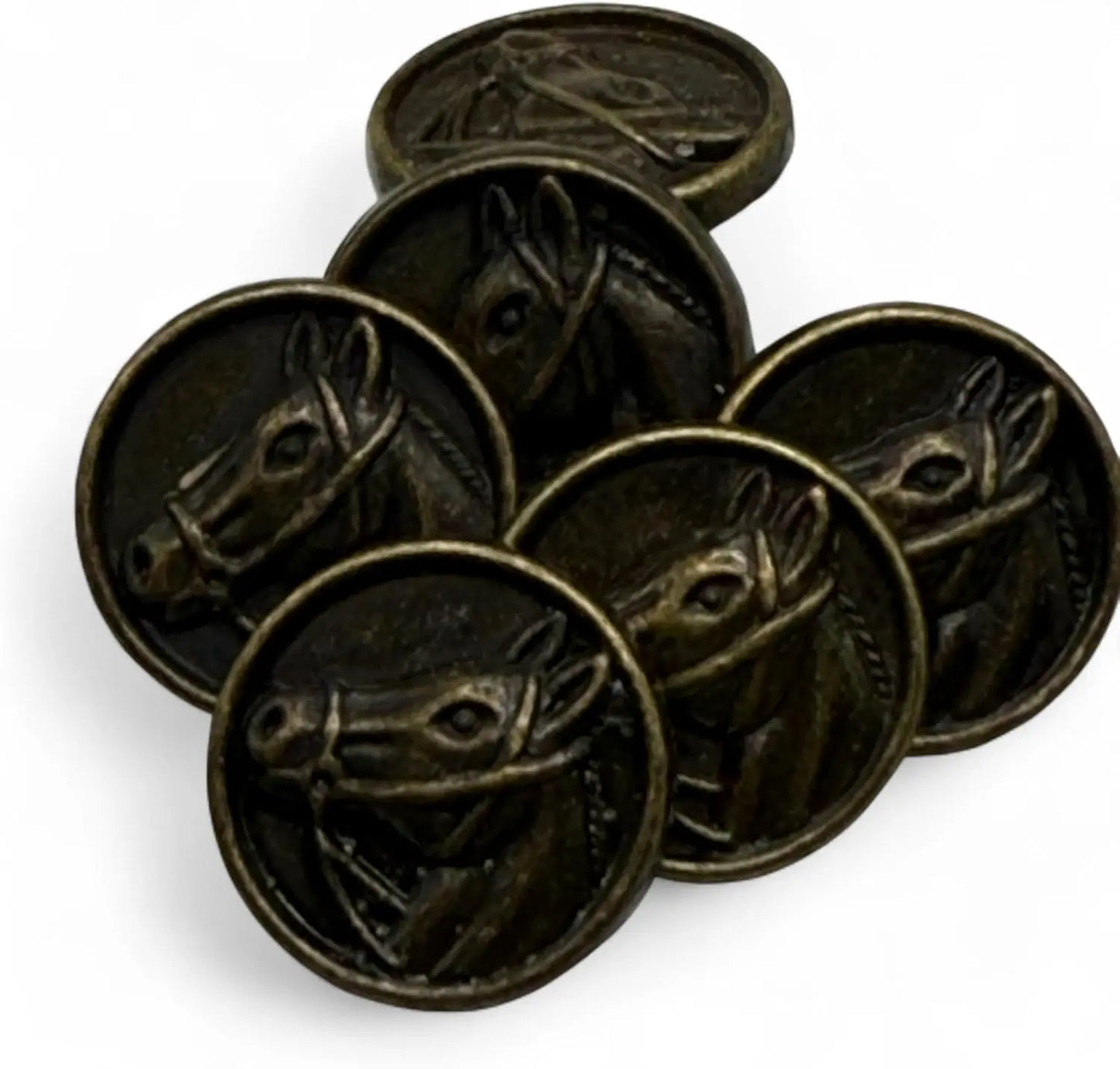 Horse Head Carved Zinc Alloy Shank Buttons, 15mm, Pack of 6, Metal Button Collection