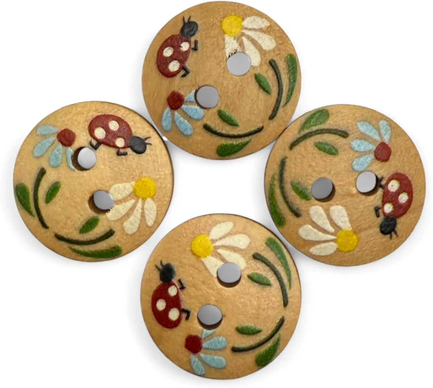 Natural Wooden Buttons, 15mm Round Ladybug Design, 2-Hole, Hand-Painted for Children's Crafts and Clothing, Pack of 10