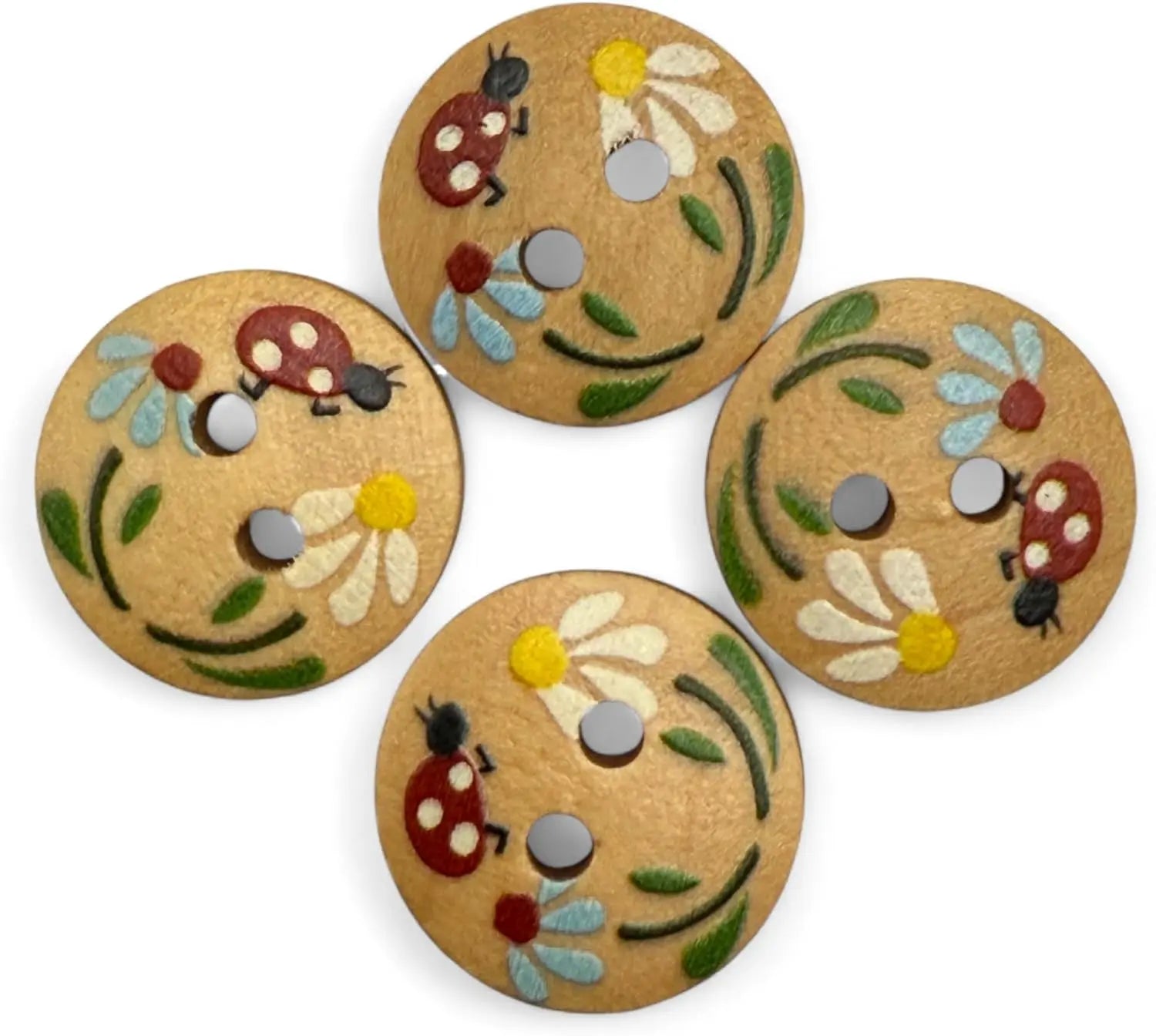 Natural Wooden Buttons, 15mm Round Ladybug Design, 2-Hole, Hand-Painted for Children's Crafts and Clothing, Pack of 10