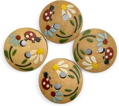 Natural Wooden Buttons, 15mm Round Ladybug Design, 2-Hole, Hand-Painted for Children's Crafts and Clothing, Pack of 10