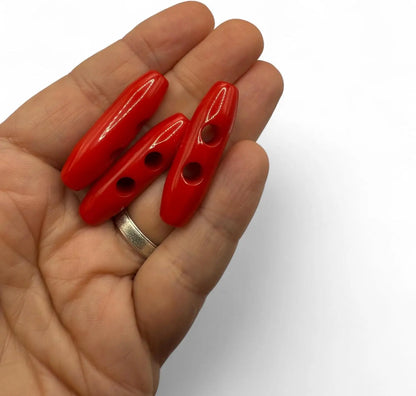 Plastic Toggle Buttons, Red, 38mm 2-Hole Design, Pack of 6