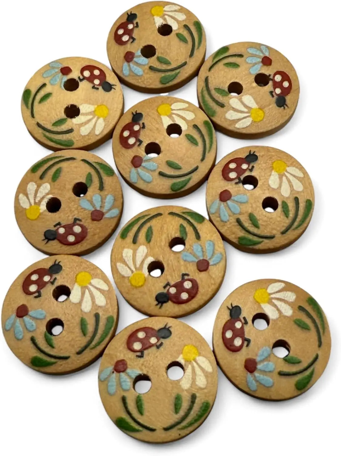 Natural Wooden Buttons, 15mm Round Ladybug Design, 2-Hole, Hand-Painted for Children's Crafts and Clothing, Pack of 10