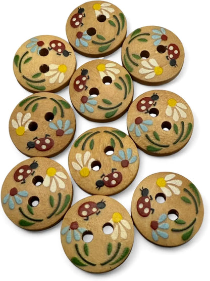 Natural Wooden Buttons, 15mm Round Ladybug Design, 2-Hole, Hand-Painted for Children's Crafts and Clothing, Pack of 10