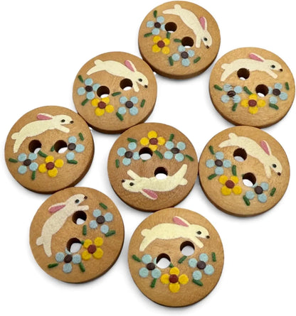 Wooden Rabbit Design Buttons, 15mm Natural Color, Children's Craft Pack, 10 Pieces