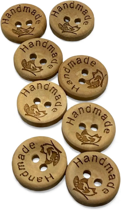 Handmade Wooden Buttons, Natural Engraved Design, 15mm Diameter, Pack of 10