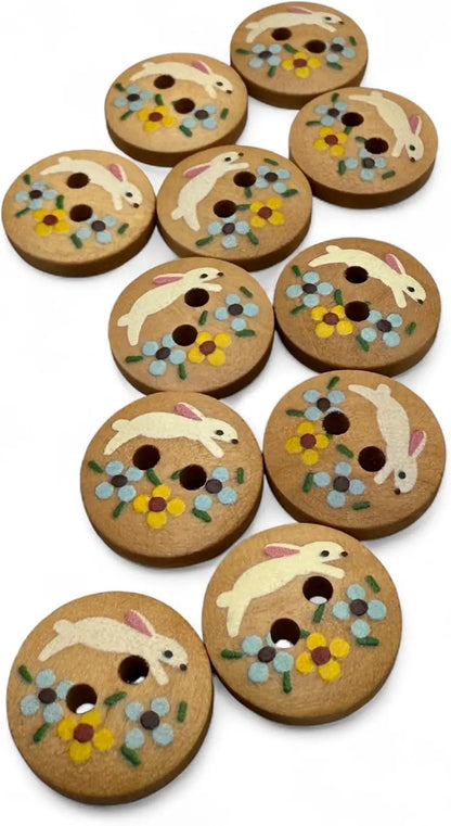 Wooden Rabbit Design Buttons, 15mm Natural Color, Children's Craft Pack, 10 Pieces