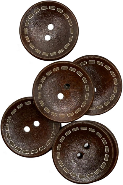 Wooden Buttons with Outer Stitch Mark, Brown, 30mm, Round, Pack of 10