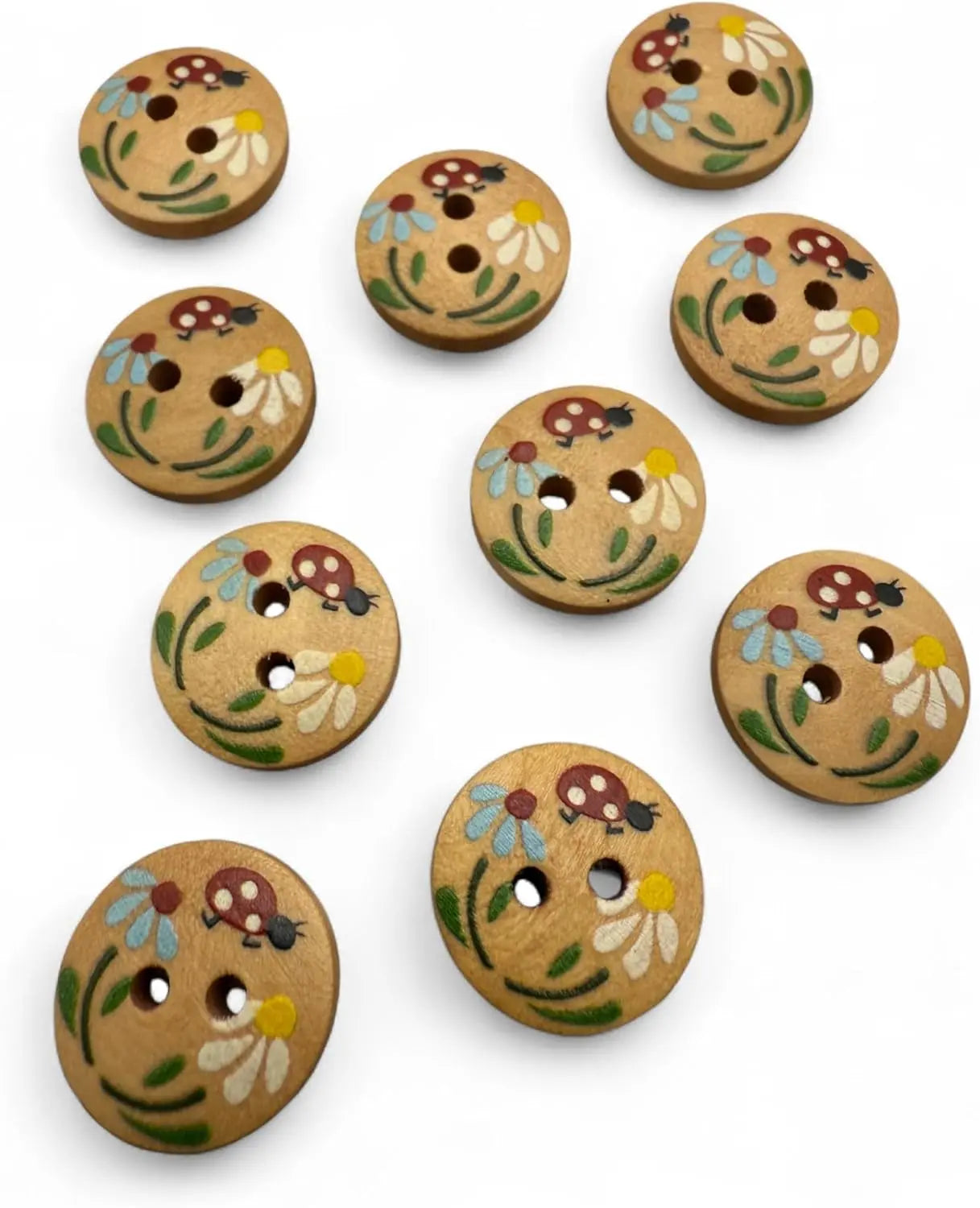 Natural Wooden Buttons, 15mm Round Ladybug Design, 2-Hole, Hand-Painted for Children's Crafts and Clothing, Pack of 10