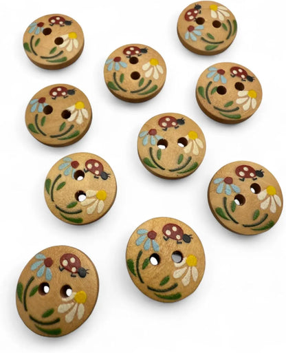 Natural Wooden Buttons, 15mm Round Ladybug Design, 2-Hole, Hand-Painted for Children's Crafts and Clothing, Pack of 10