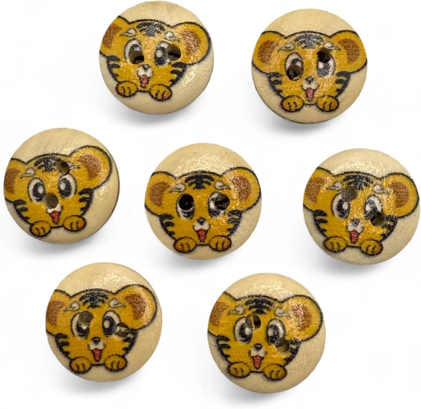 Decorative Tiger Cartoon Buttons, 15mm, 2-Hole Design, Pack of 10, Children's Craft Supplies