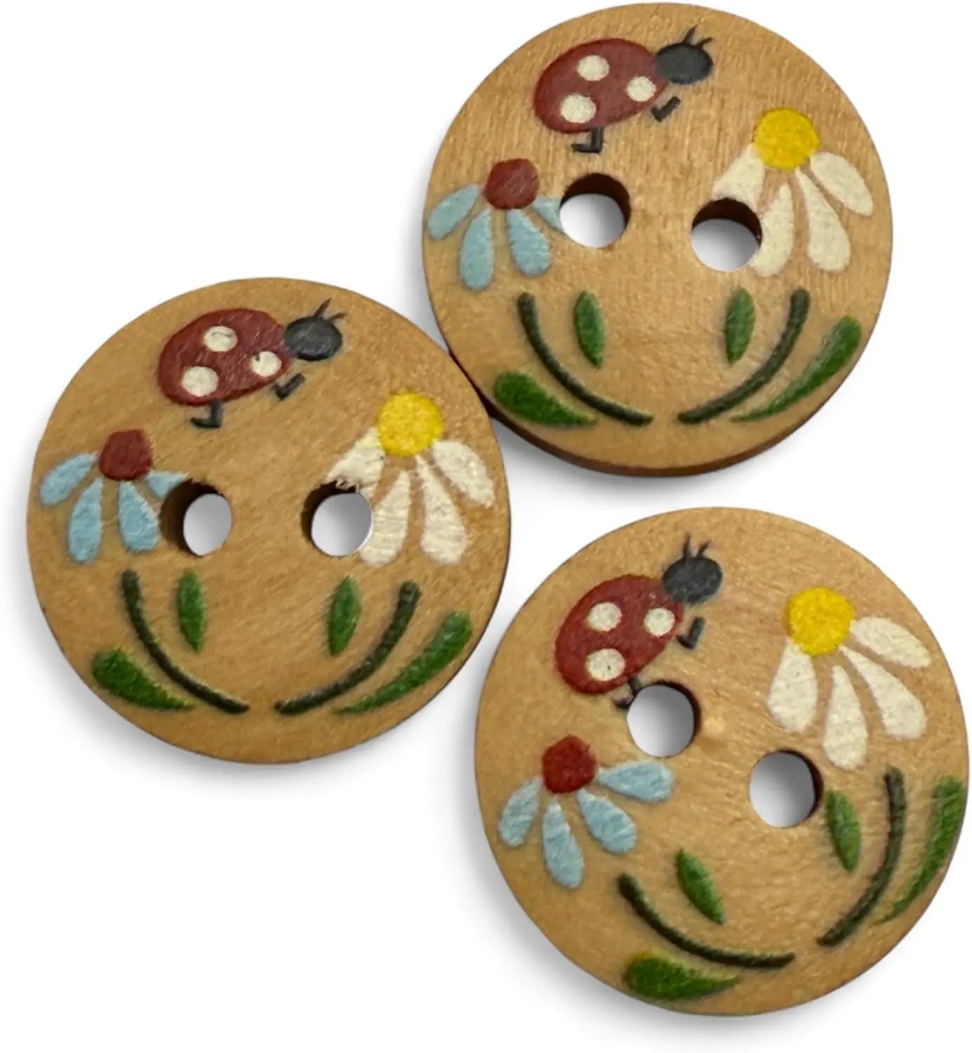 Natural Wooden Buttons, 15mm Round Ladybug Design, 2-Hole, Hand-Painted for Children's Crafts and Clothing, Pack of 10