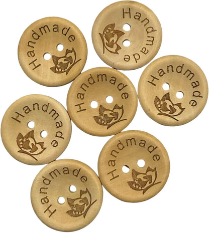 Handmade Natural Wooden Buttons, 25mm Diameter, Decorative Engraved Design, 10 Pack