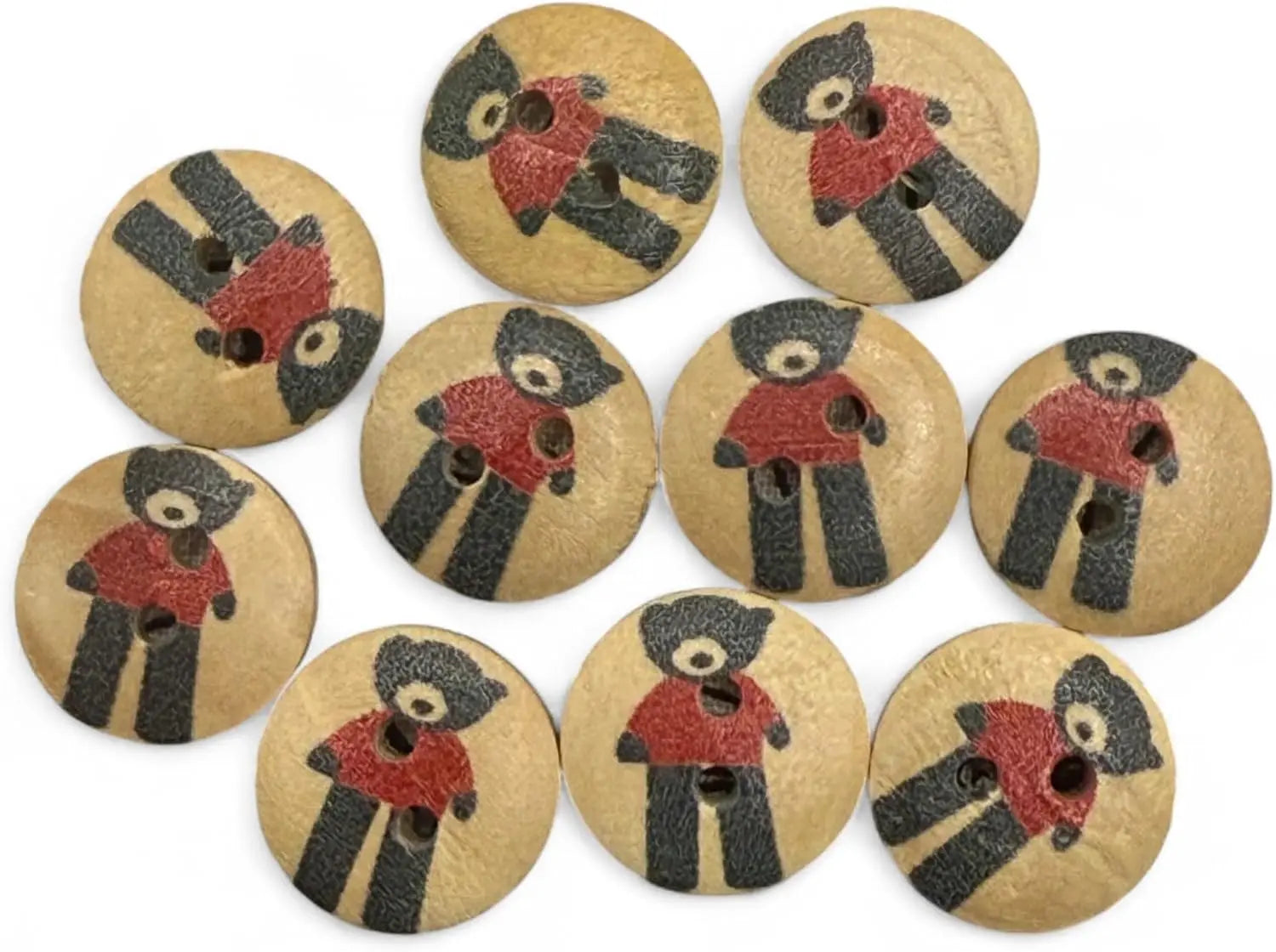 Wooden Teddy Bear Buttons, Black and Red, 15mm, 2-Hole Design, Pack of 10
