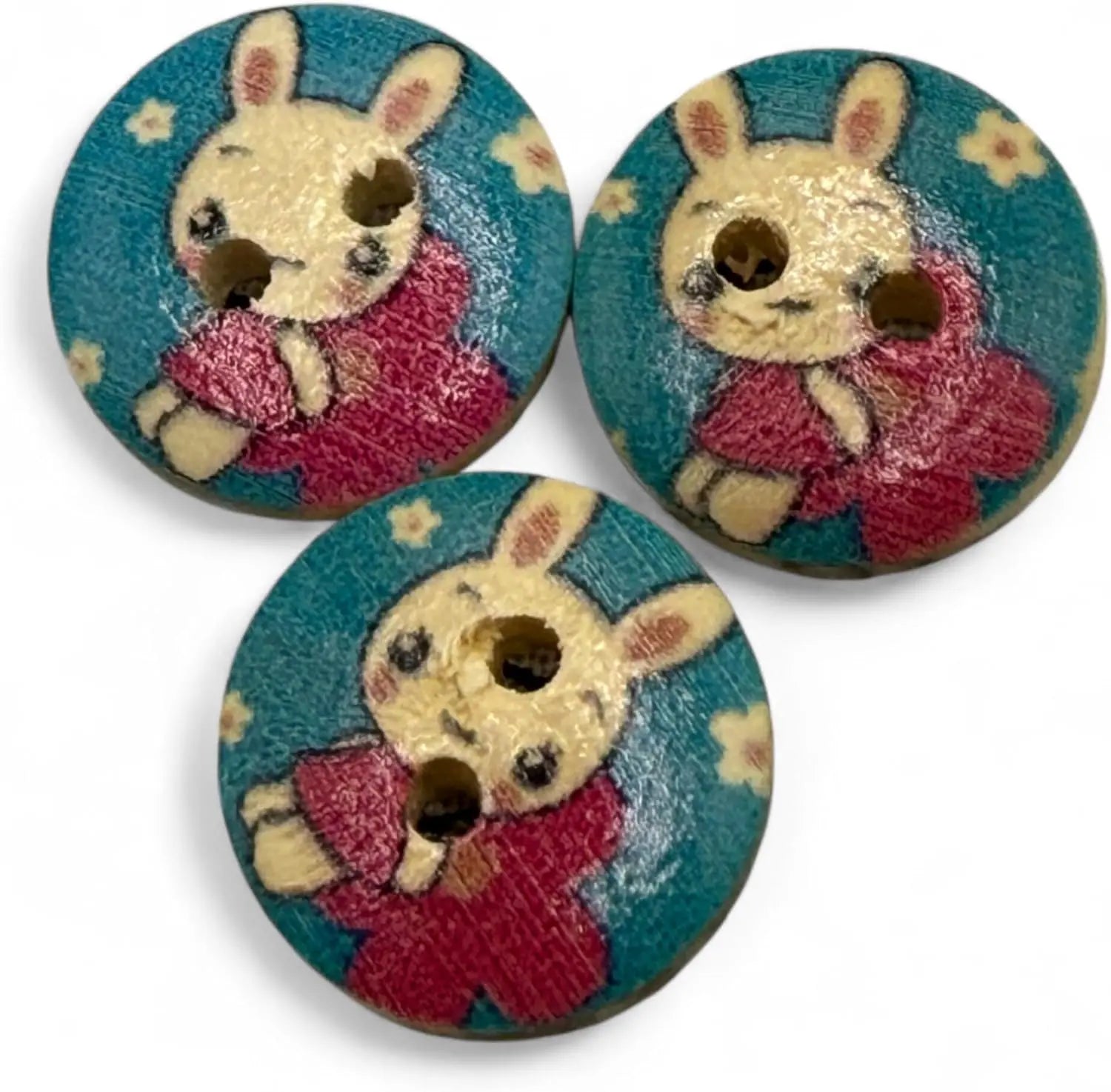 Children's Bunny Rabbit Buttons, Red and Blue, 15mm, 2-Hole Design, Pack of 10