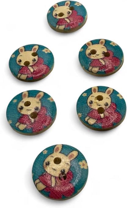 Children's Bunny Rabbit Buttons, Red and Blue, 15mm, 2-Hole Design, Pack of 10