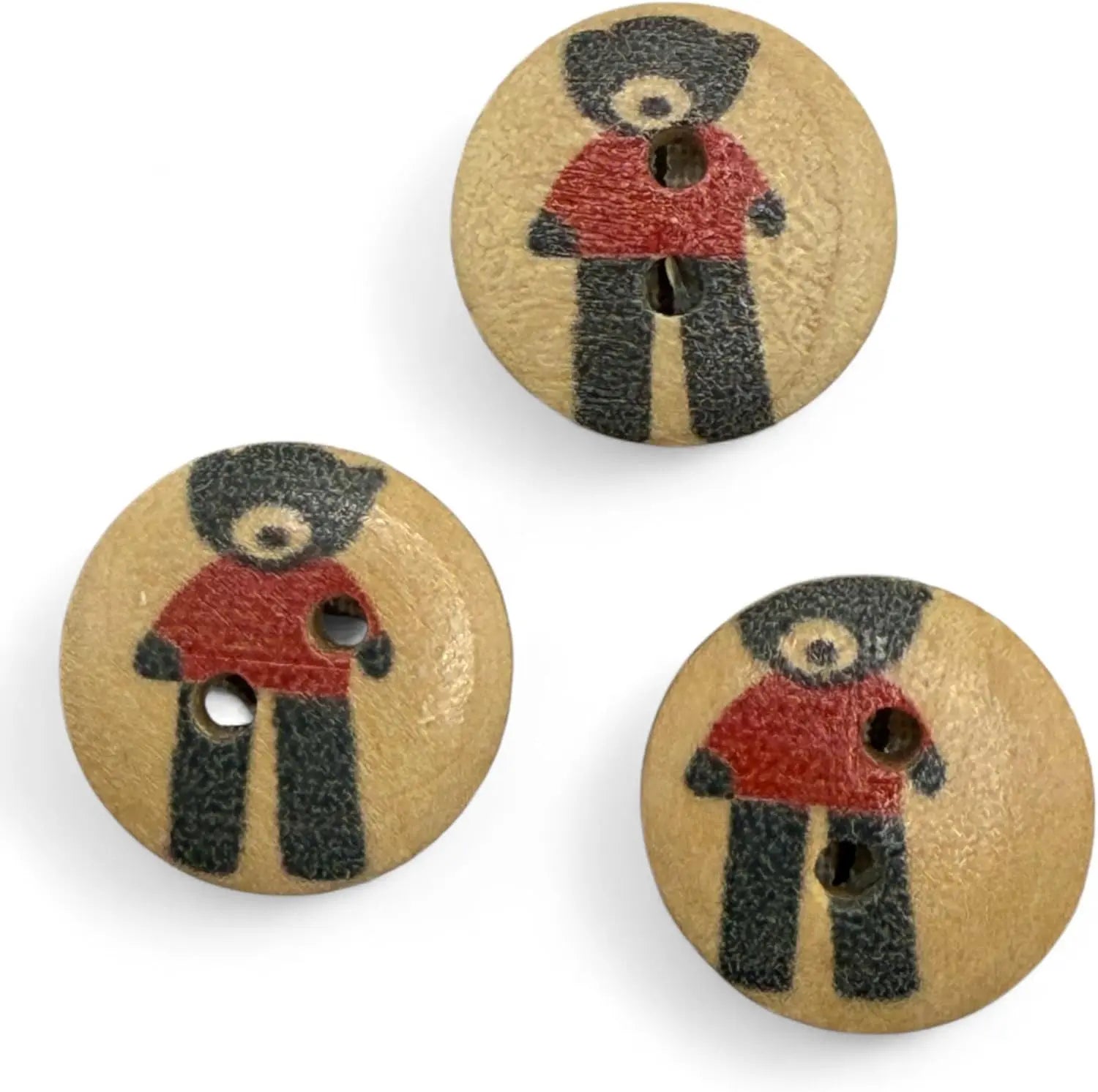 Wooden Teddy Bear Buttons, Black and Red, 15mm, 2-Hole Design, Pack of 10