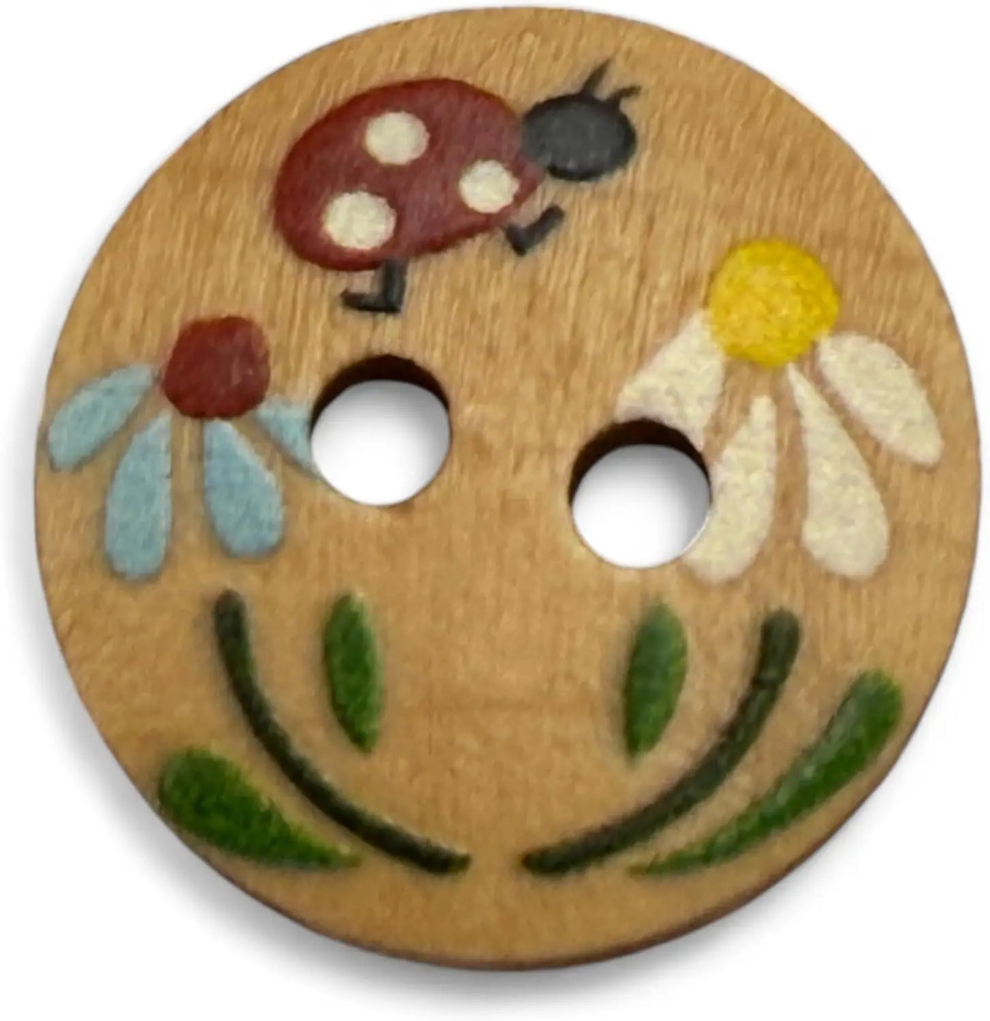 Natural Wooden Buttons, 15mm Round Ladybug Design, 2-Hole, Hand-Painted for Children's Crafts and Clothing, Pack of 10